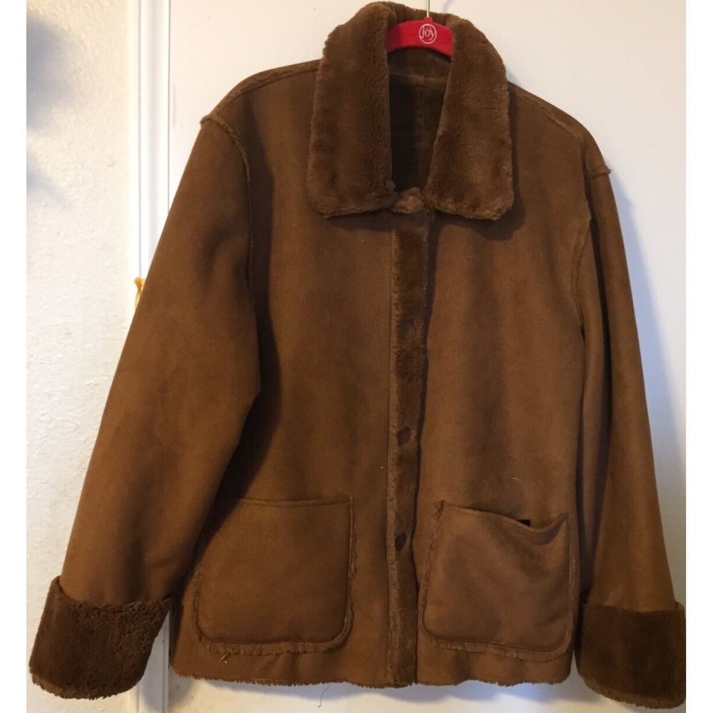 Brandon Thomas Reversible Jacket L Fig/Brown Buttons Faux Fur/suede Cloth